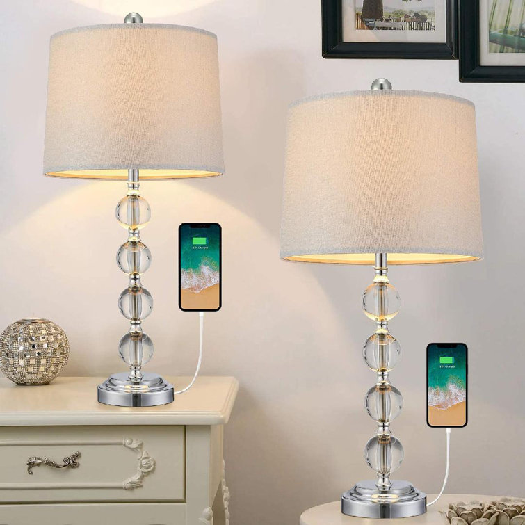 Rosdorf Park Modern Crystal USB Table Lamps Set Of 2 For Living Room